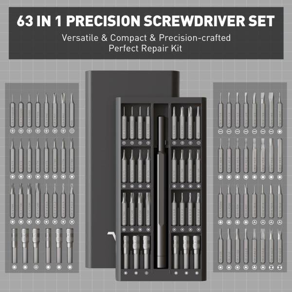 63 in 1 Precision Screwdriver Set, Magnetic Mini Repair Tool Kit for Watch, Eyeglass, Computer, Electronic, Game Console - Grey