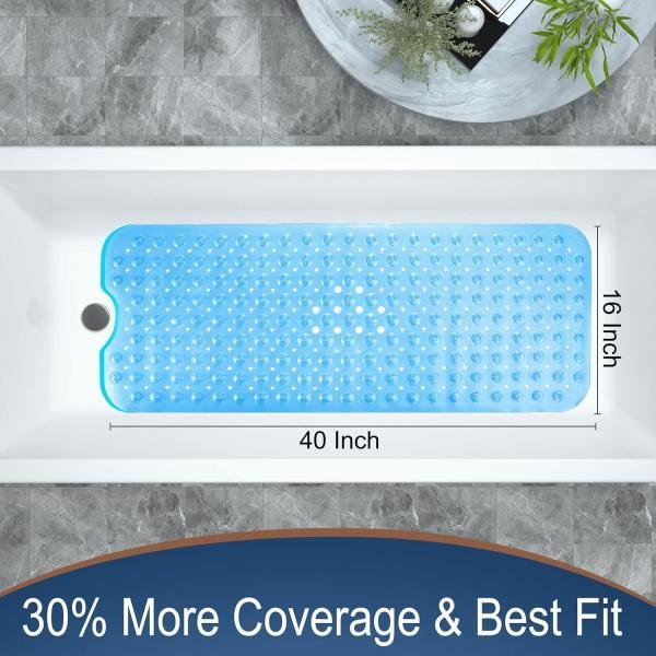 Extra Long 100X38 CM Premium Accu-Pebble Shower Bath Mat Anti Slip Bathtub Bathroom Met with Suction Cup- PVC Silicone (Extra Long 100X38 CM Sky Blue Original, 1)