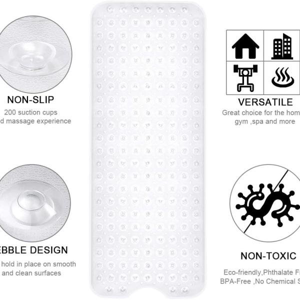 Extra Long 100X38 CM Premium Accu-Pebble Shower Bath Mat Anti Slip Bathtub Bathroom Met with Suction Cup- PVC Silicone - Clear Transparent
