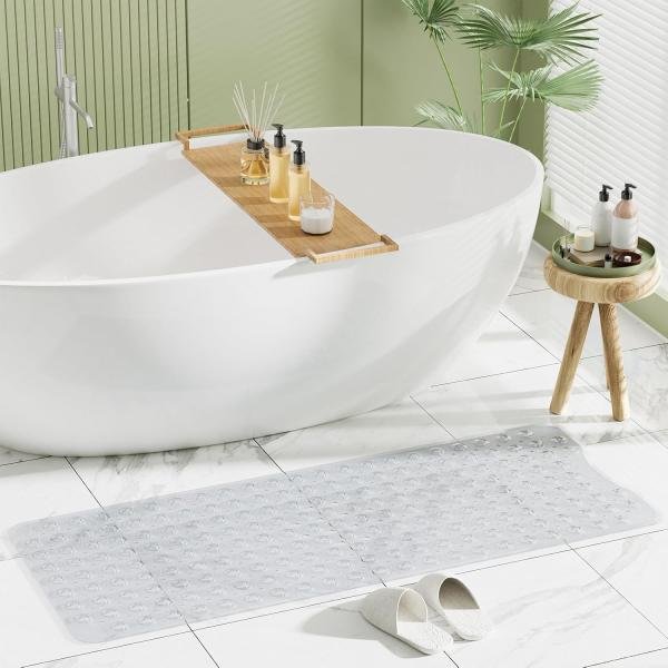 Extra Long 100X38 CM Premium Accu-Pebble Shower Bath Mat Anti Slip Bathtub Bathroom Met with Suction Cup- PVC Silicone - Clear Transparent