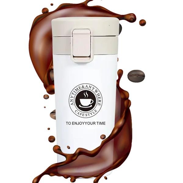 Stainless Steel Vacuum Insulated Travel Mug Leakproof Flip Coffee Tumbler for Hot & Cold Drinks  380Ml Color White