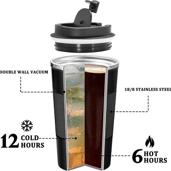 500ml Travel Coffee Cups Insulated Mug Thermal Tumbler to Go with Lid Leak Proof Reusable Stainless Steel Coffee Mug Spill Proof for Hot and Iced Cold Drinks color Black
