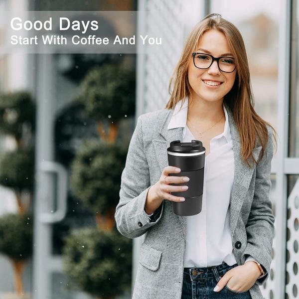 500ml Travel Coffee Cups Insulated Mug Thermal Tumbler to Go with Lid Leak Proof Reusable Stainless Steel Coffee Mug Spill Proof for Hot and Iced Cold Drinks color Black