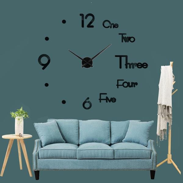 Analog Plastic Frameless DIY Wall Clock - Large Modern 3D Mirror Decor Sticker Kit for Home Living Room Bedroom Office Decorations (Black)