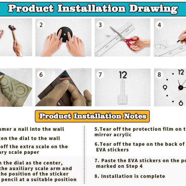 Analog Plastic Frameless DIY Wall Clock - Large Modern 3D Mirror Decor Sticker Kit for Home Living Room Bedroom Office Decorations (Black)