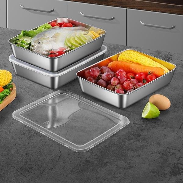 Stainless Steel Square Food Tray With Clear Plastic Lid, Rectangle Storage Box Container, Leak-Proof Dishwasher Safe, Reusable Heavy Duty Baking Tray (3)