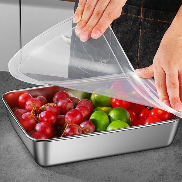 Stainless Steel Square Food Tray with Lid, Rectangle Food Storage Box Container With Clear Lid, Leak Clear Plastic Lid Dishwasher Safe, Baking Tray Reusable Heavy Duty (1)
