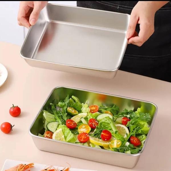 Stainless Steel Square Food Tray with Lid, Rectangle Food Storage Box Container With Clear Lid, Leak Clear Plastic Lid Dishwasher Safe, Baking Tray Reusable Heavy Duty (2)